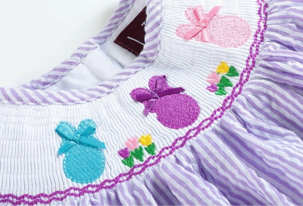 Lavender Seersucker Bunny Smocked Bishop Dress