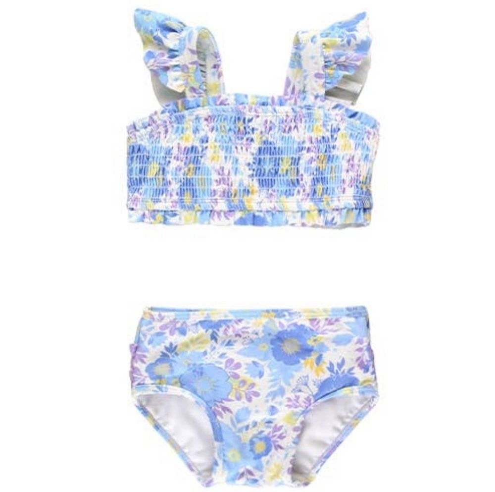 Pristine Blooms Smocked Bikini Swimsuit: 5,6,7