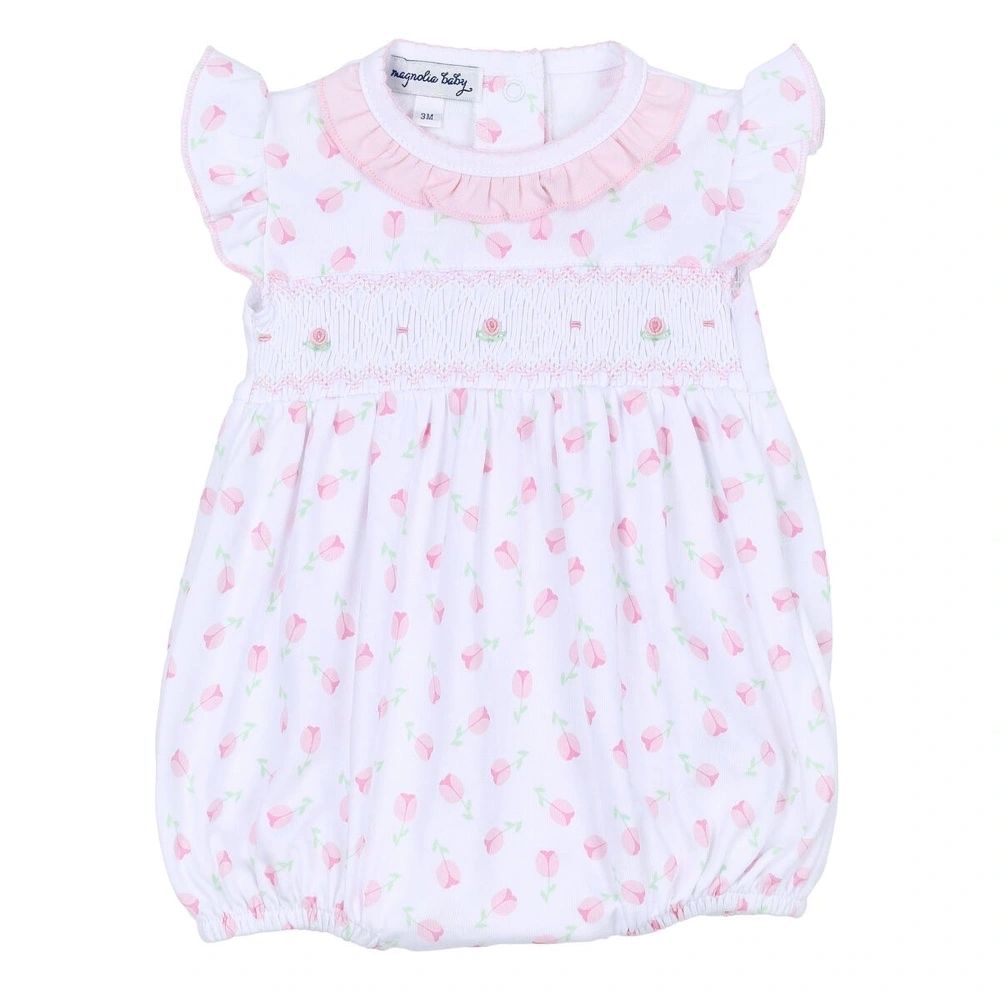 Tessa’s Classic Pink Smocked Printed Fluttered Bubble: 6M, 9M, 24M