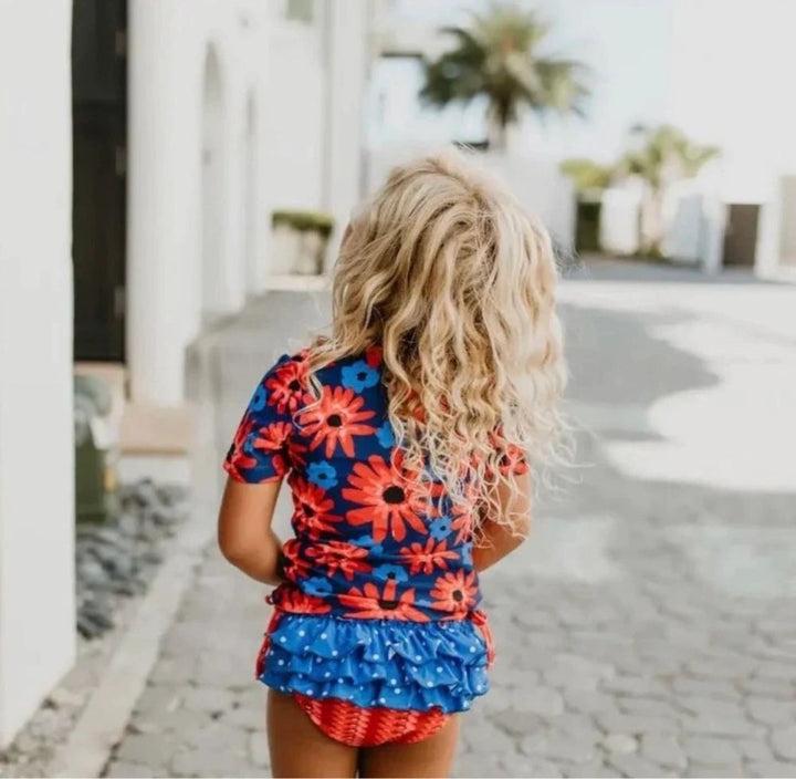 Red and Blue Floral Ruffle Two-Piece Rashguard Swimsuit UPF 50+: 4, 7