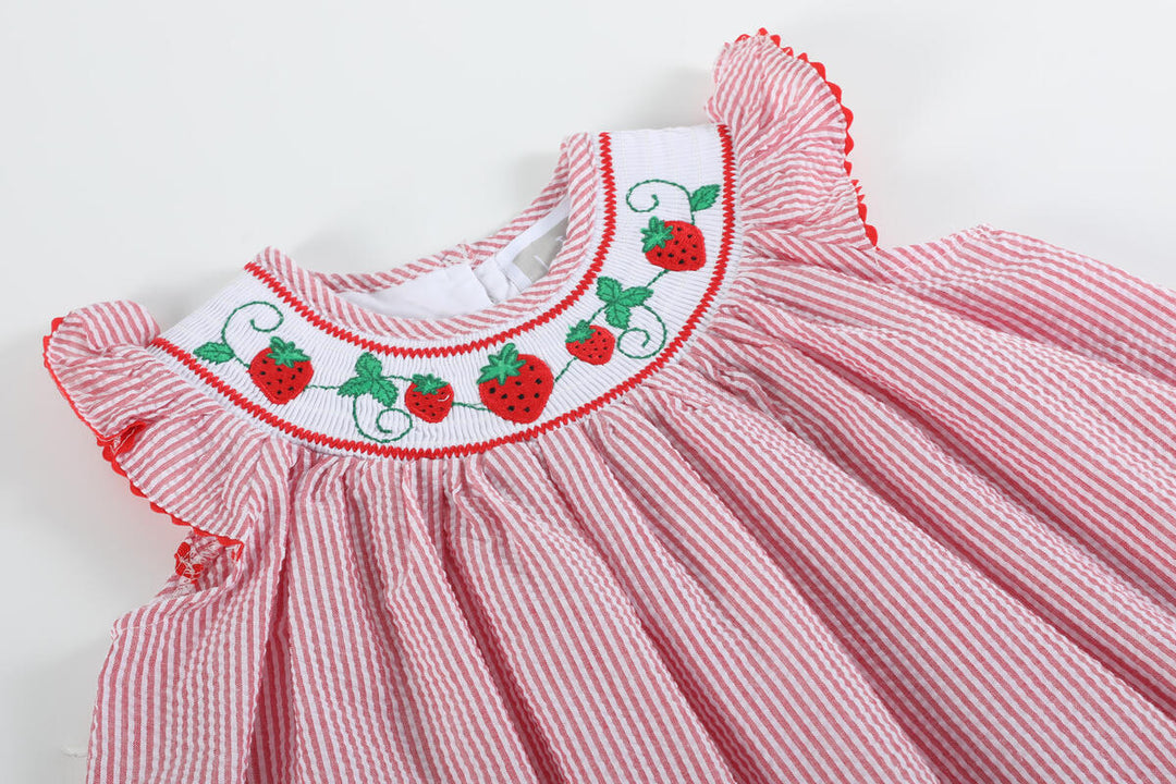 Red Seersucker Strawberry Smocked Bishop Dress