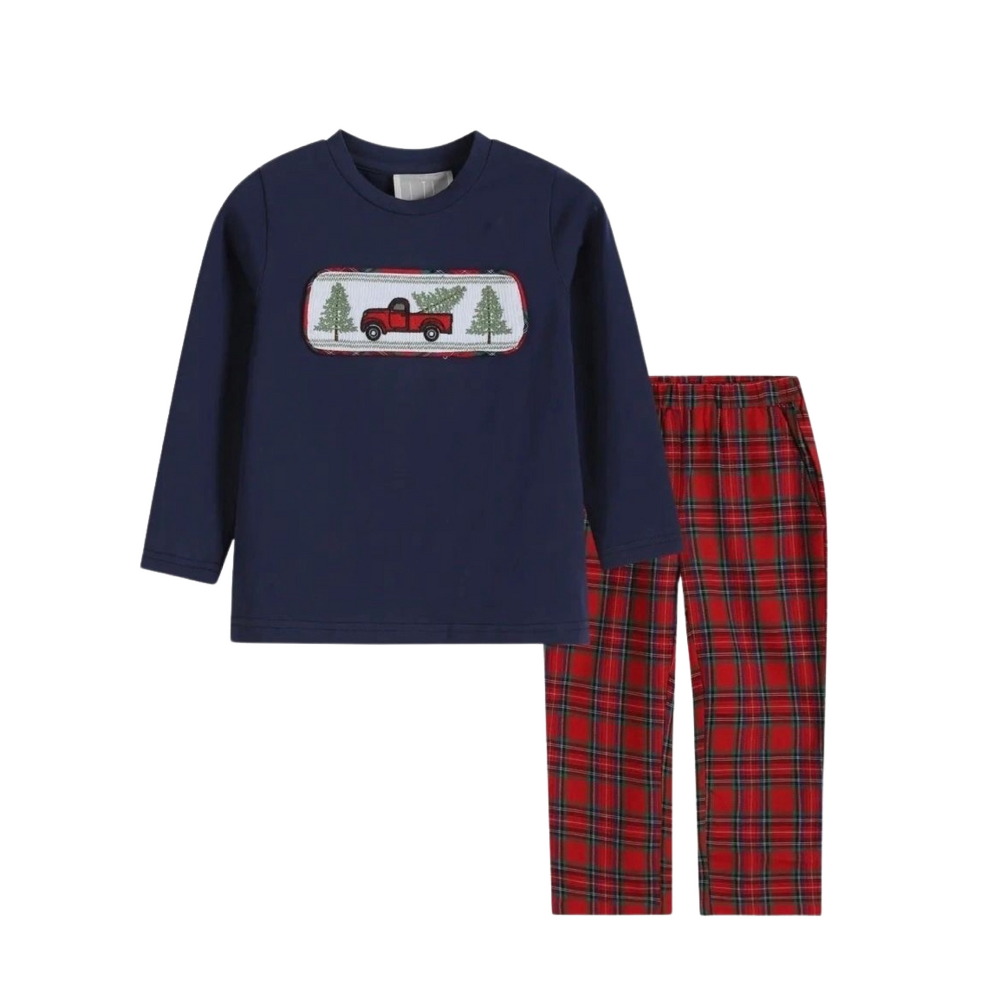 Red Plaid and Green Christmas Tree & Truck Smocked Shirt and Pants Set