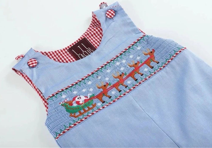 Light Blue Santa and Sleigh Boys Smocked Overalls