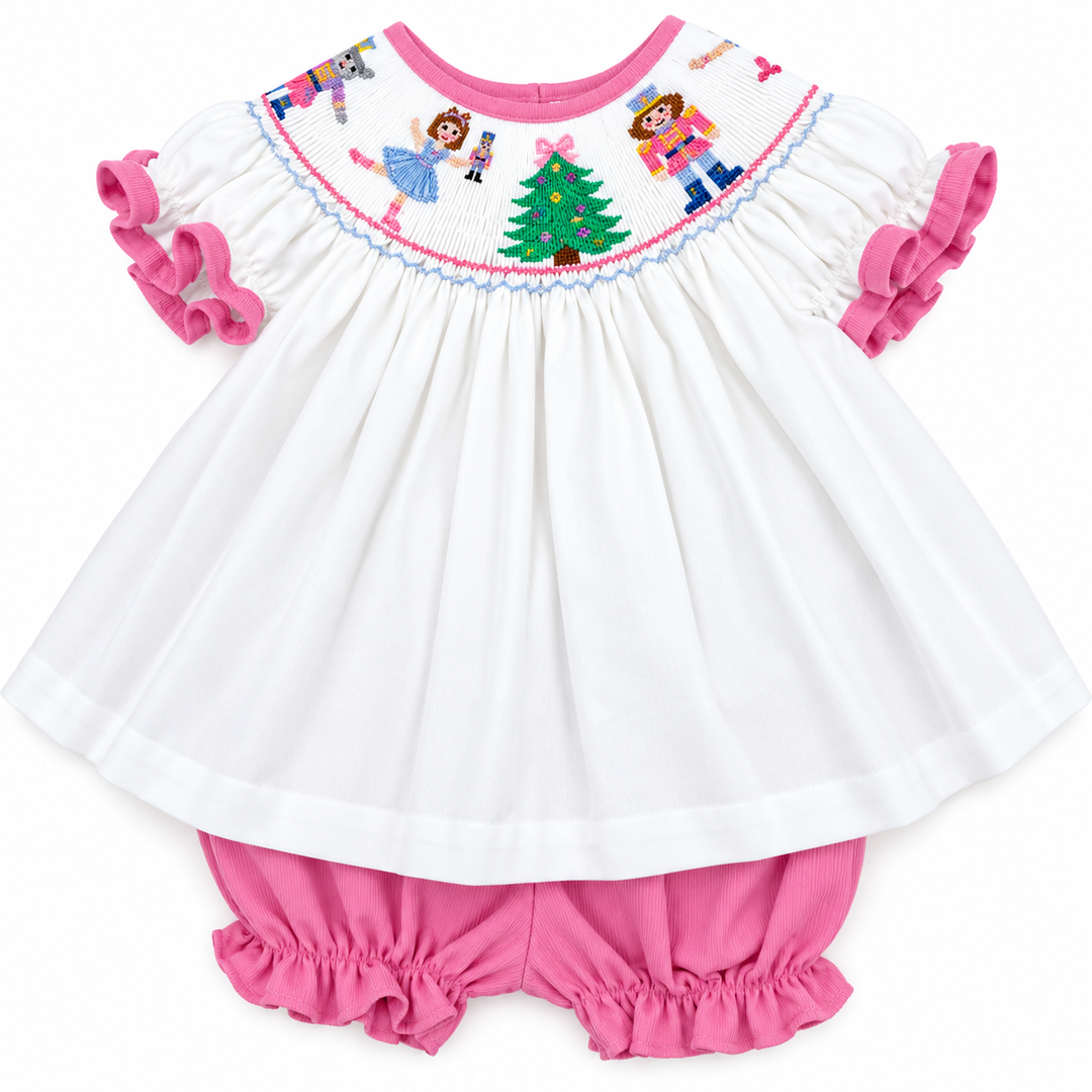 Nutcracker Smocked Dress w/ Pink Corduroy Bishop Bloomer