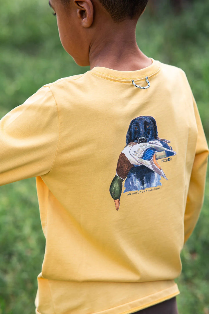 Boys Long Sleeve Cotton T-shirt | Ochre Duck Hunting Dog Art