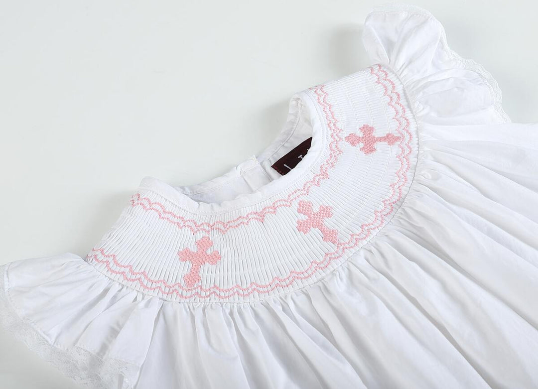 White and Pink Cross Girls Bishop Dress - Easter