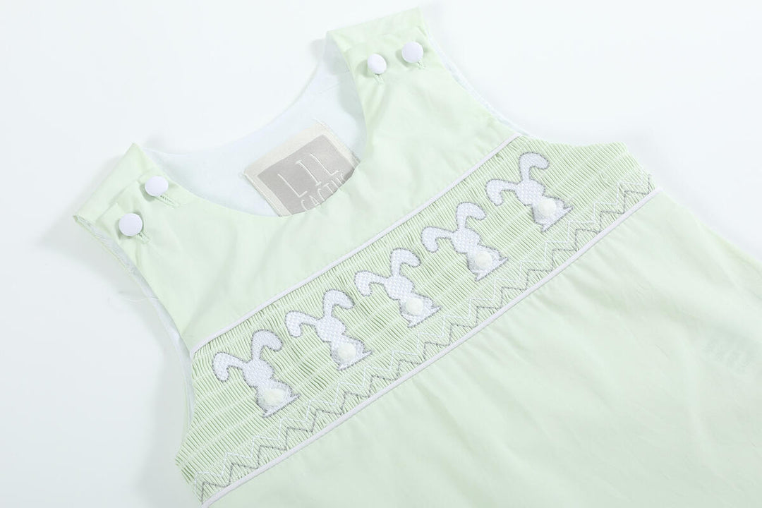 Light Green Bunny Smocked Shortalls