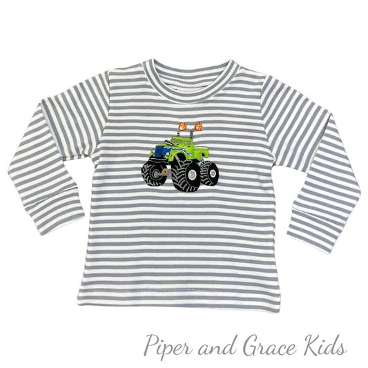 Squiggles Gray and White Monster Truck Crewneck - Pima Cotton: 12M, 18M, 24M, 3T