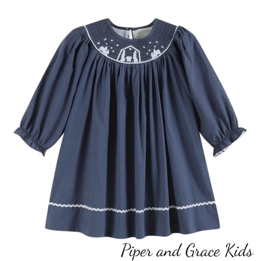 Dark Blue Nativity Long Sleeve Smocked Bishop Dress: 12-18M, 6