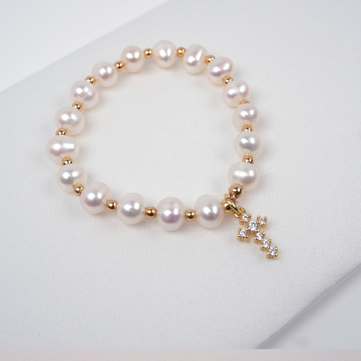 MARCELA - Fancy Jeweled Cross Water Pearl Bracelet