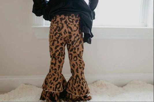 Girls Leopard Double Ruffle Flare Denim Jeans: 4,5,6,14