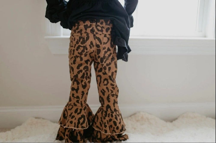 Girls Leopard Double Ruffle Flare Denim Jeans: 6,14