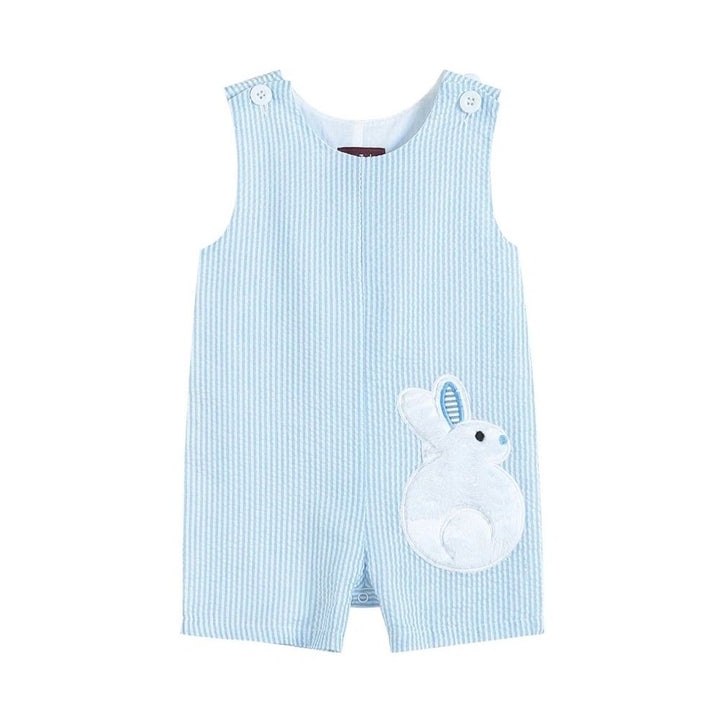 Light Blue Seersucker Fuzzy Bunny Shortalls: 18-24M