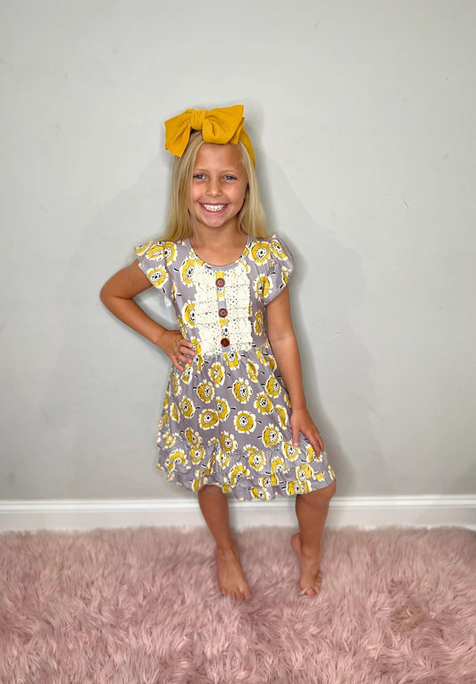 Gray and Yellow Floral Ruffle Dress: 4,5,6,8,10
