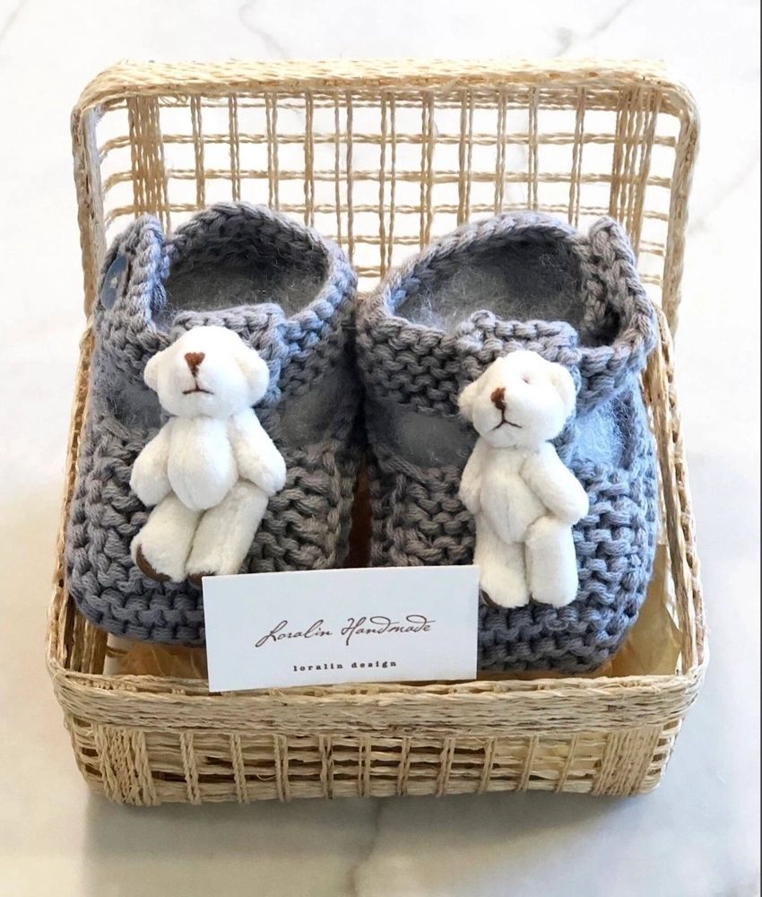 Grey Teddy Bear Booties in basket