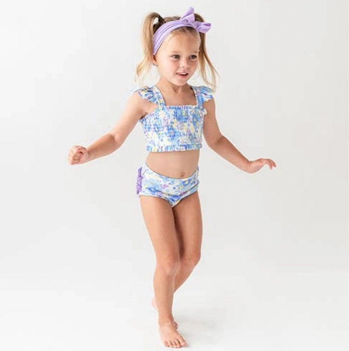 Pristine Blooms Smocked Bikini Swimsuit: 5,6,7