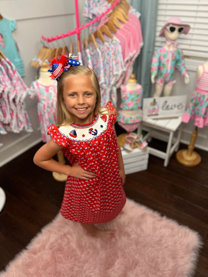 Angeline Kids - Girls July 4th Flag Hand Smocked Dress: 5,7