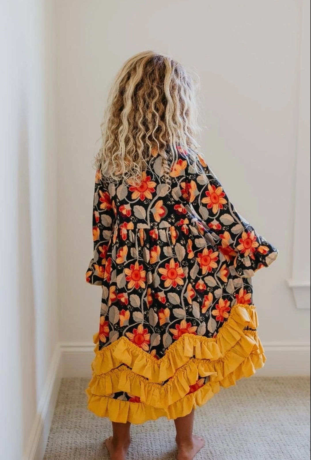 Black/Mustard Floral Twirl Dress