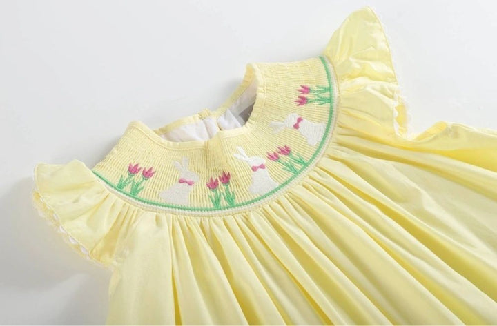 Yellow Easter Bunny and Flowers Smocked Bishop Dress: 3-6M, 4T