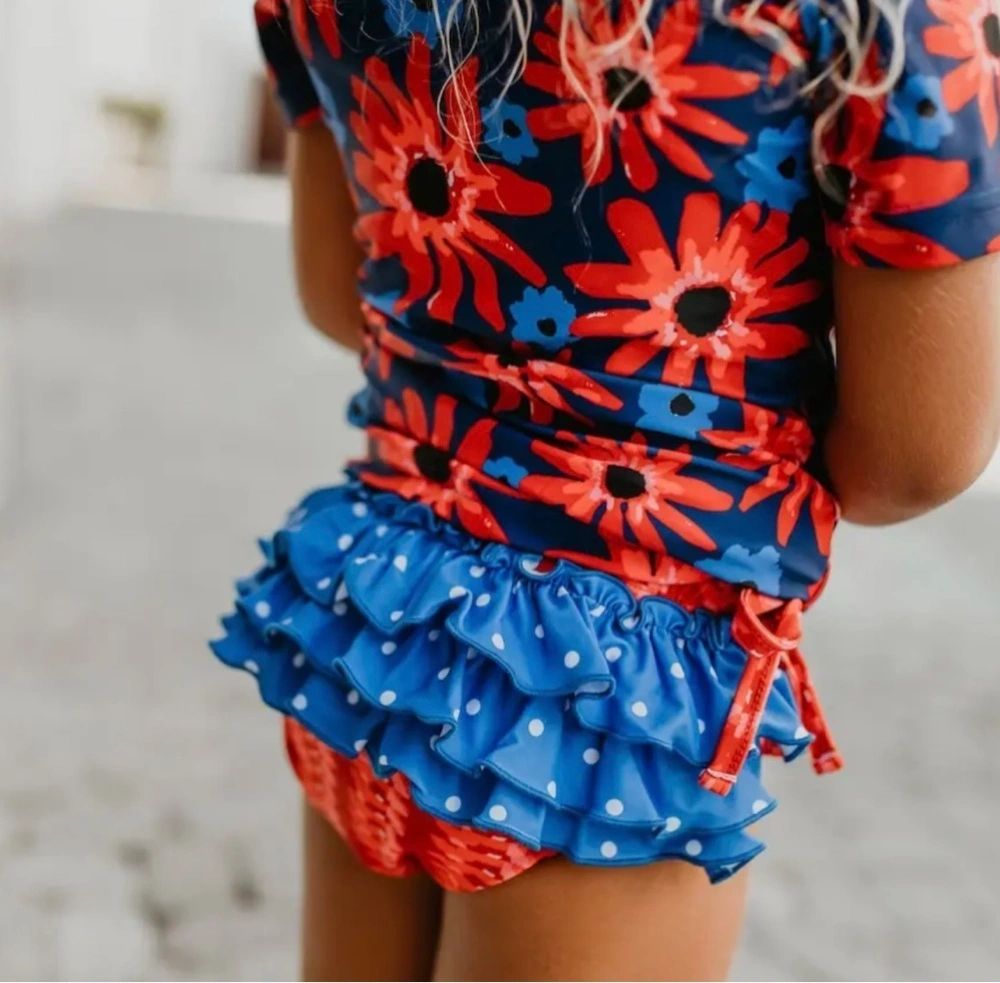 Red and Blue Floral Ruffle Two-Piece Rashguard Swimsuit UPF 50+: 4, 7