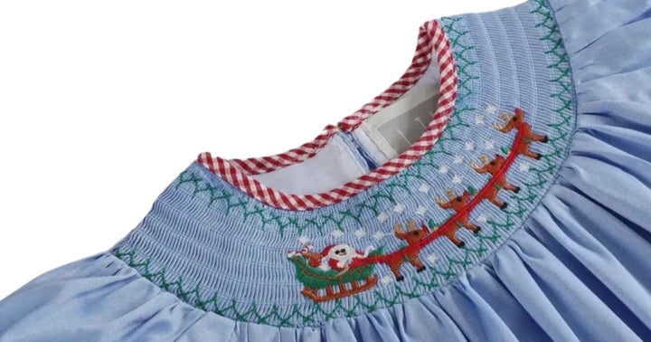 Light Blue Santa and Sleigh Smocked Bishop Dress: 12-18M