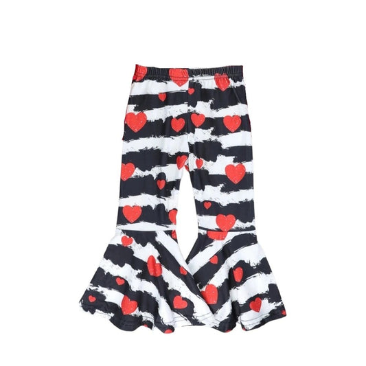 Black Stripes & Hearts Valentine Flare Pants: 2,5