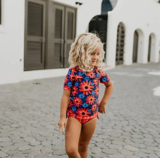 Red and Blue Floral Ruffle Two-Piece Rashguard Swimsuit UPF 50+