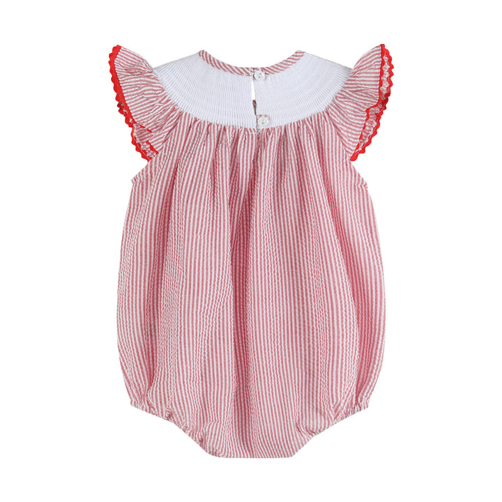 Red Seersucker Strawberry Smocked Romper