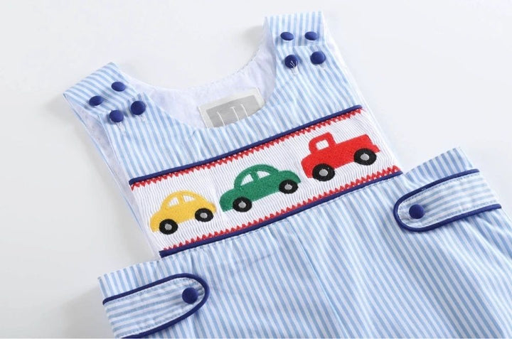 Light Blue Striped Car Smocked Romper Shortalls 3-6M