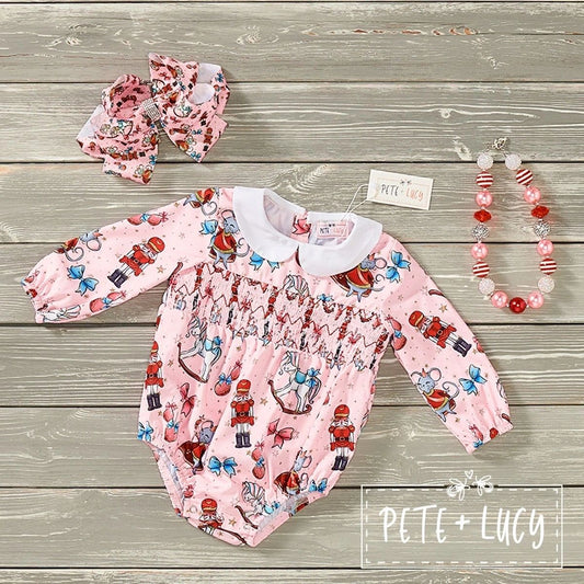 Pete and Lucy Nutcracker Infant Smocked Bubble Romper 12-18M