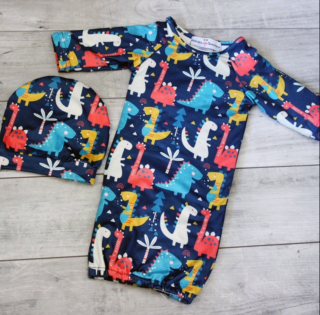 Dino Baby Gown and Hat: 0-3M