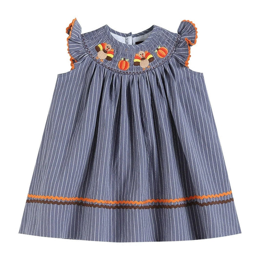 Blue-Gray Smocked Turkey and PumpkinsThanksgiving Dress: 3T, 4T, 5, 6