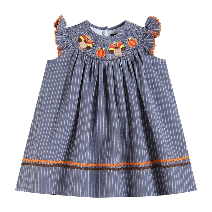 Blue-Gray Smocked Turkey and PumpkinsThanksgiving Dress: 4T, 5, 6