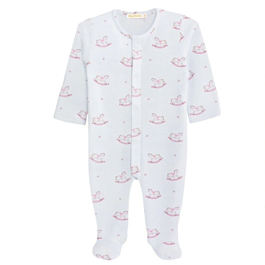 Cute Rocking Horse Girls Button Footie Pima Cotton - Pink