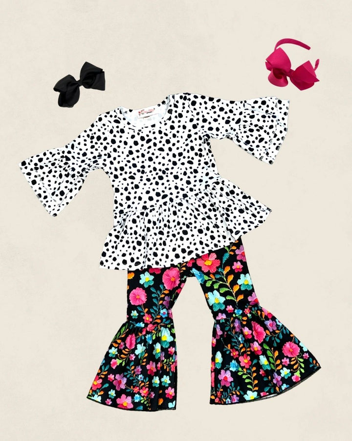 Black Floral Polka Dot Pant Set - 3T