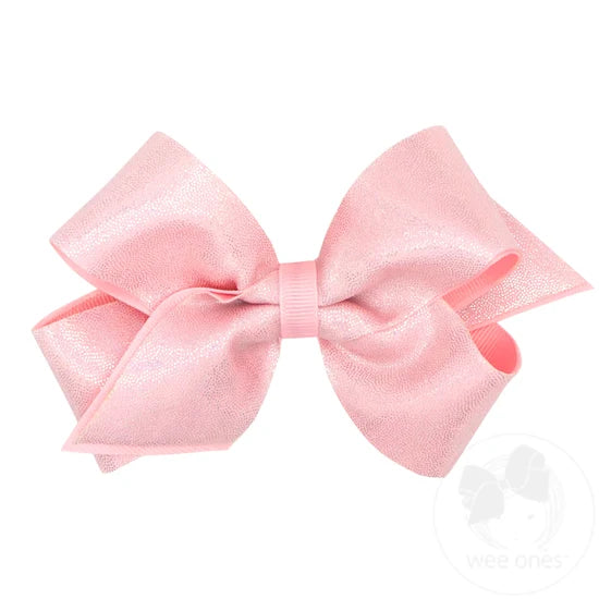 Medium Mirror Dot and Grosgrain Overlay Hair Bow - Light Pink