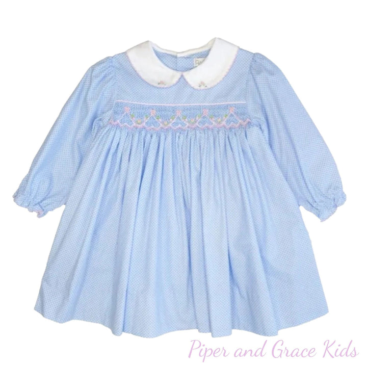 Petit Ami Blue and Pink Smocked Dress with Bloomer Set: 6M, 18M