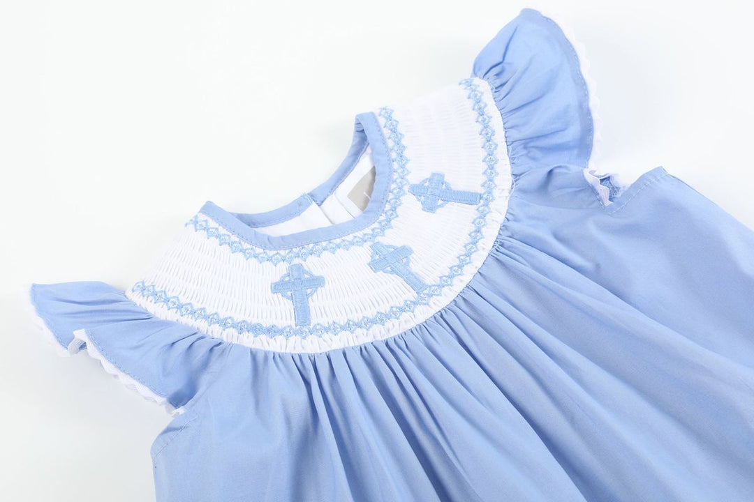 Periwinkle Blue Crosses Smocked Dress and Bloomers Set