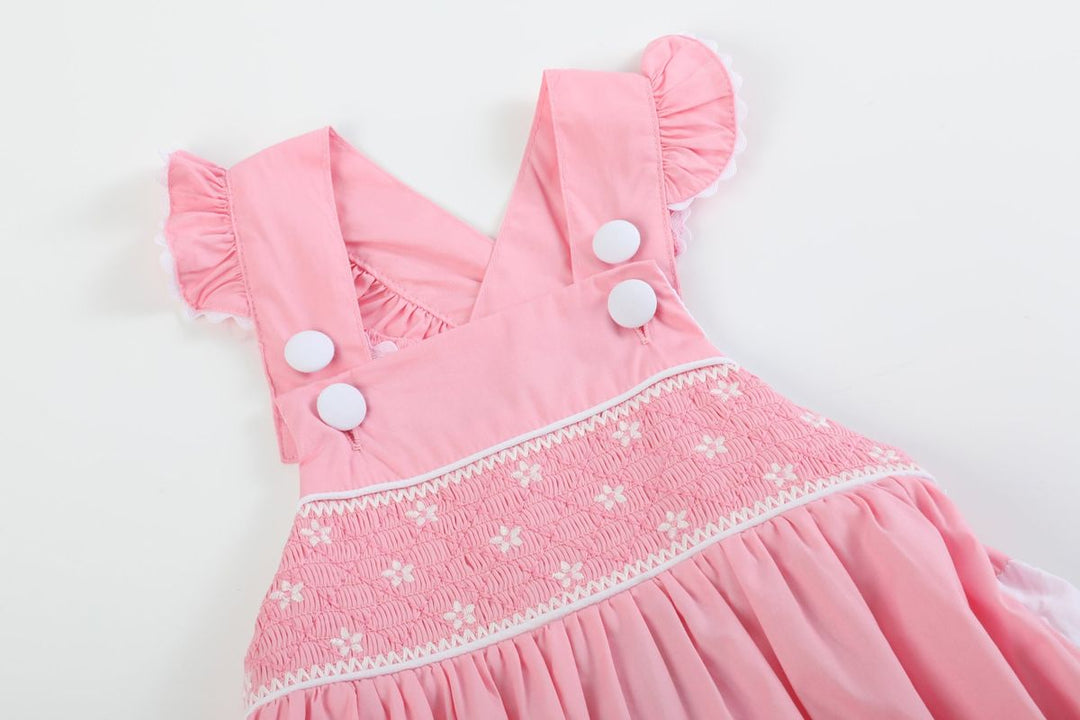 Pink and White Flower Smocked Girls Ruffle Romper