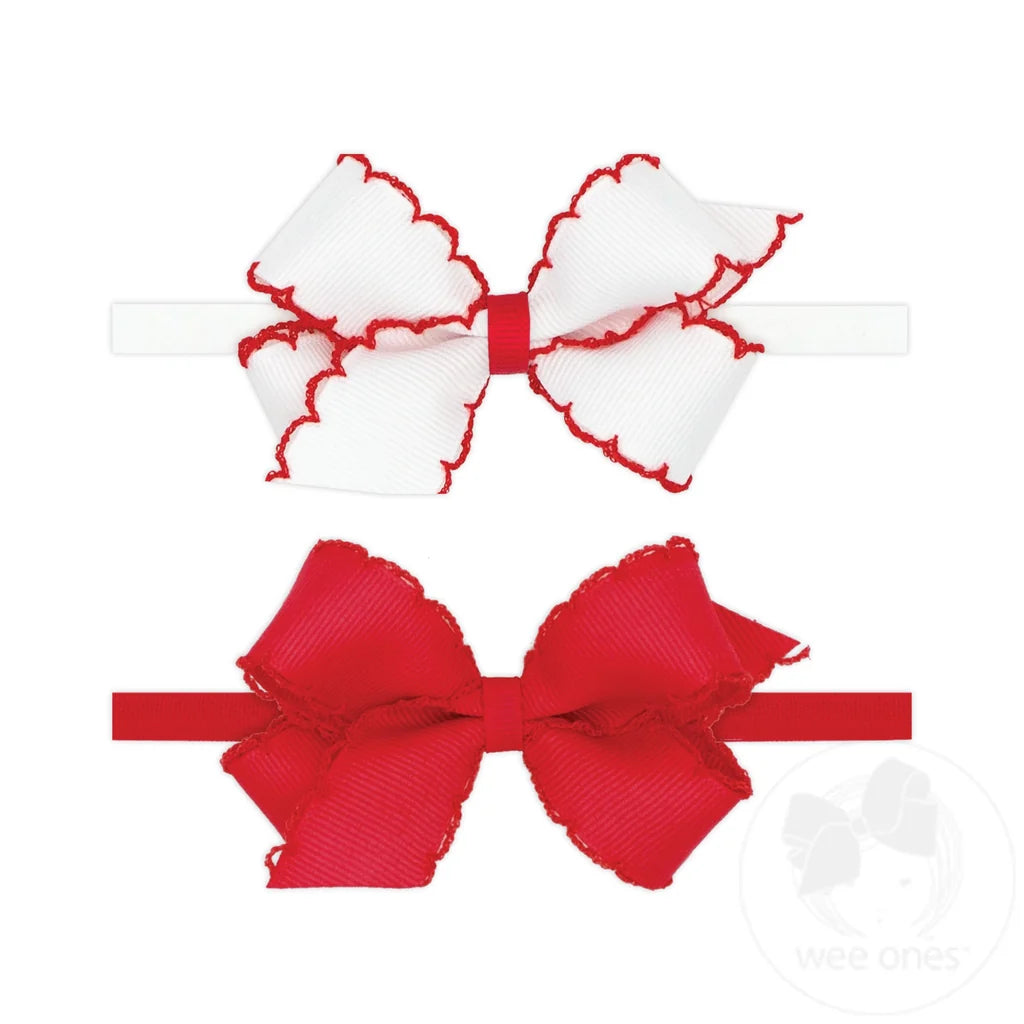 Two Mini Grosgrain Bows with Moonstitch Edge on Skinny Nylon Band - White/Red