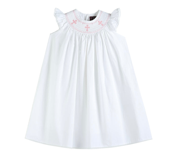 White and Pink Cross Girls Bishop Dress - Easter