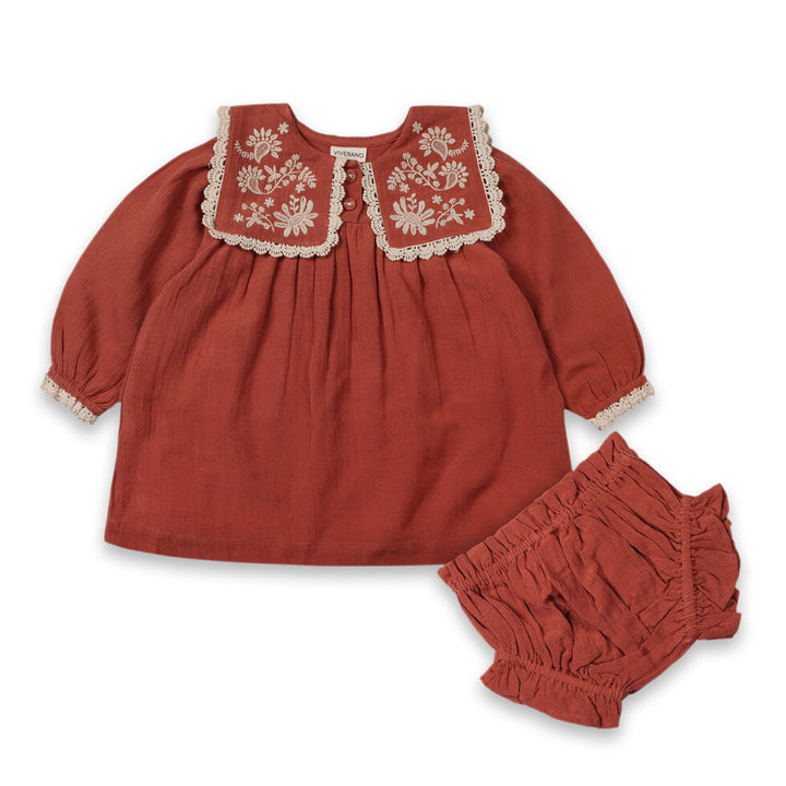 Sola Embroidered Collar Baby Dress & Bloomer Set (Organic Cotton)