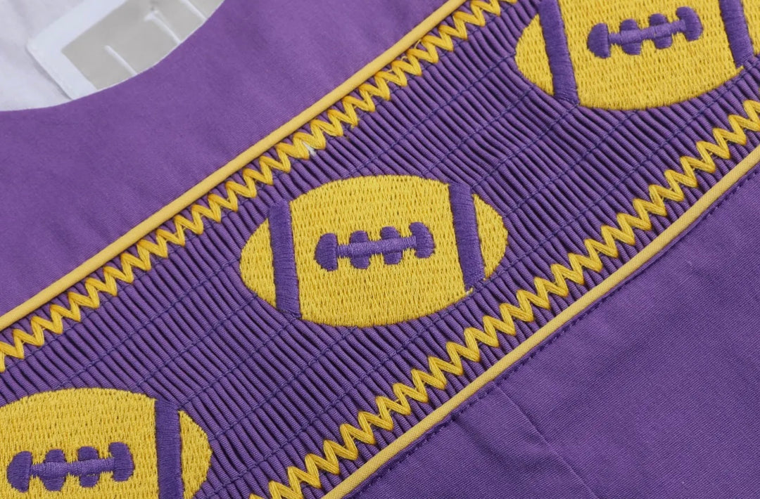 Purple and Gold Football Smocked Coveralls: 3-6M, 6-12M