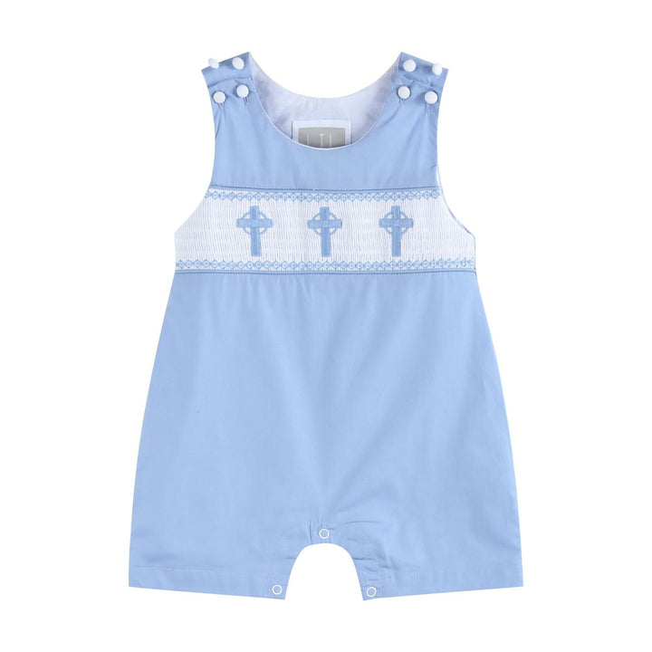 Periwinkle Blue Crosses Boys Smocked Shortalls - Easter