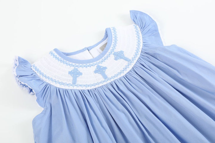 Periwinkle Blue Crosses Smocked Bishop Dress - Easter