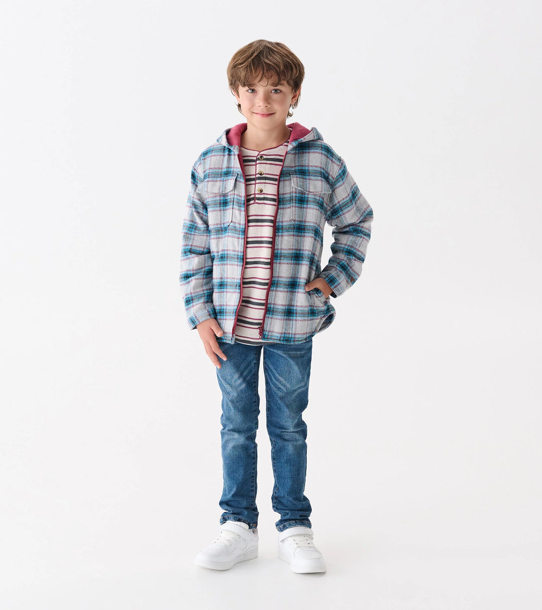 Boys Charcoal and Maroon Plaid Lined Hooded Jacket