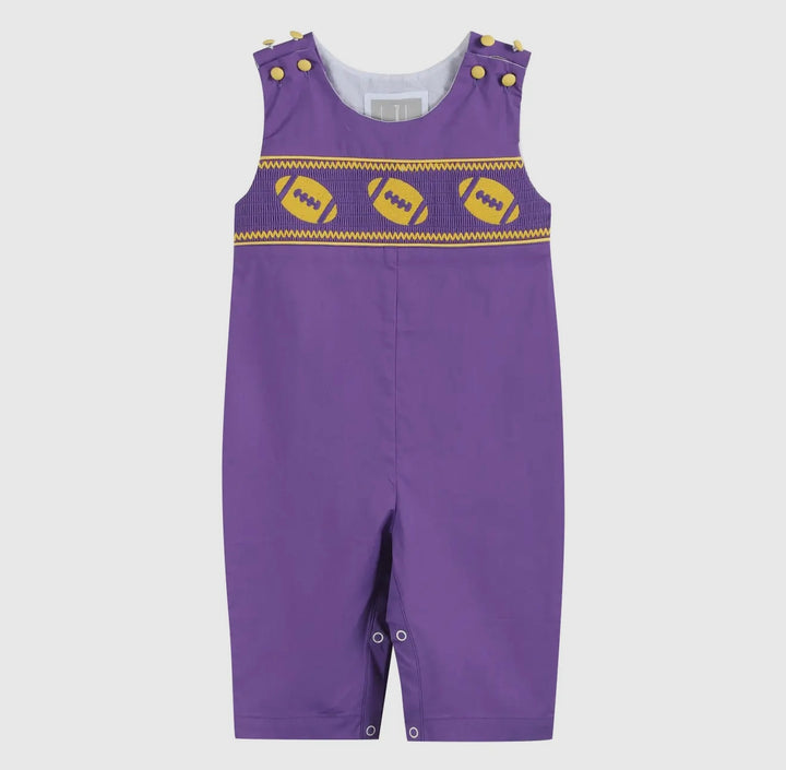 Purple and Gold Football Smocked Coveralls: 3-6M, 6-12M