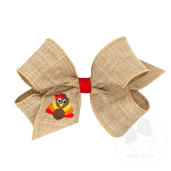 Linen Hair Bow with Turkey Embroidery