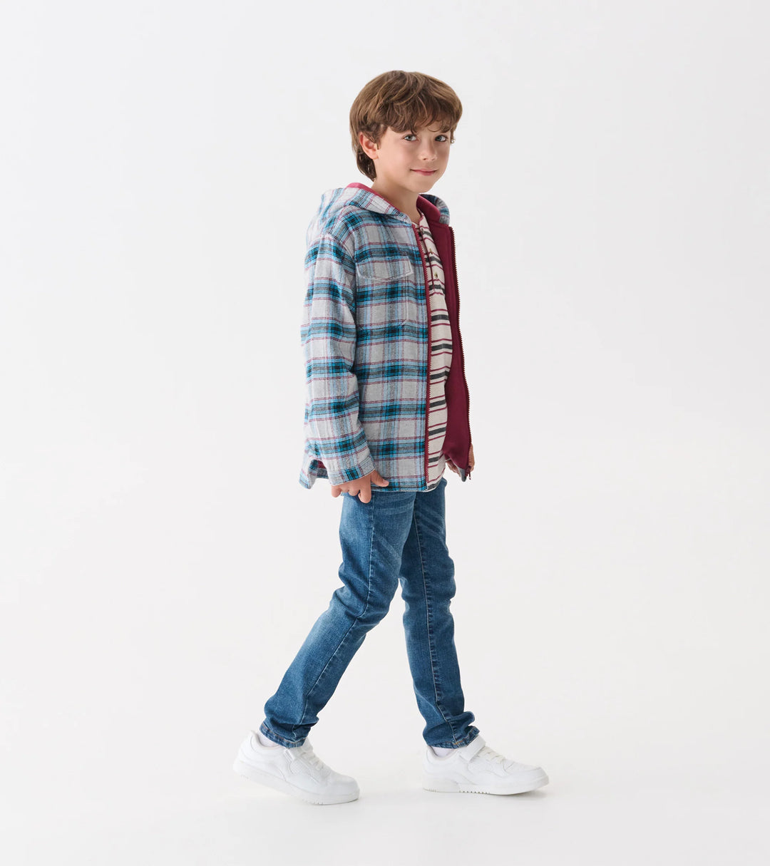 Boys Charcoal and Maroon Plaid Lined Hooded Jacket