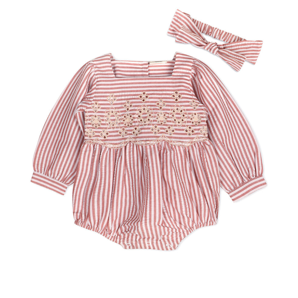 Siena Striped Embroidered Baby Romper & Headband Set (Organic Cotton): 0-3M, 6-12M